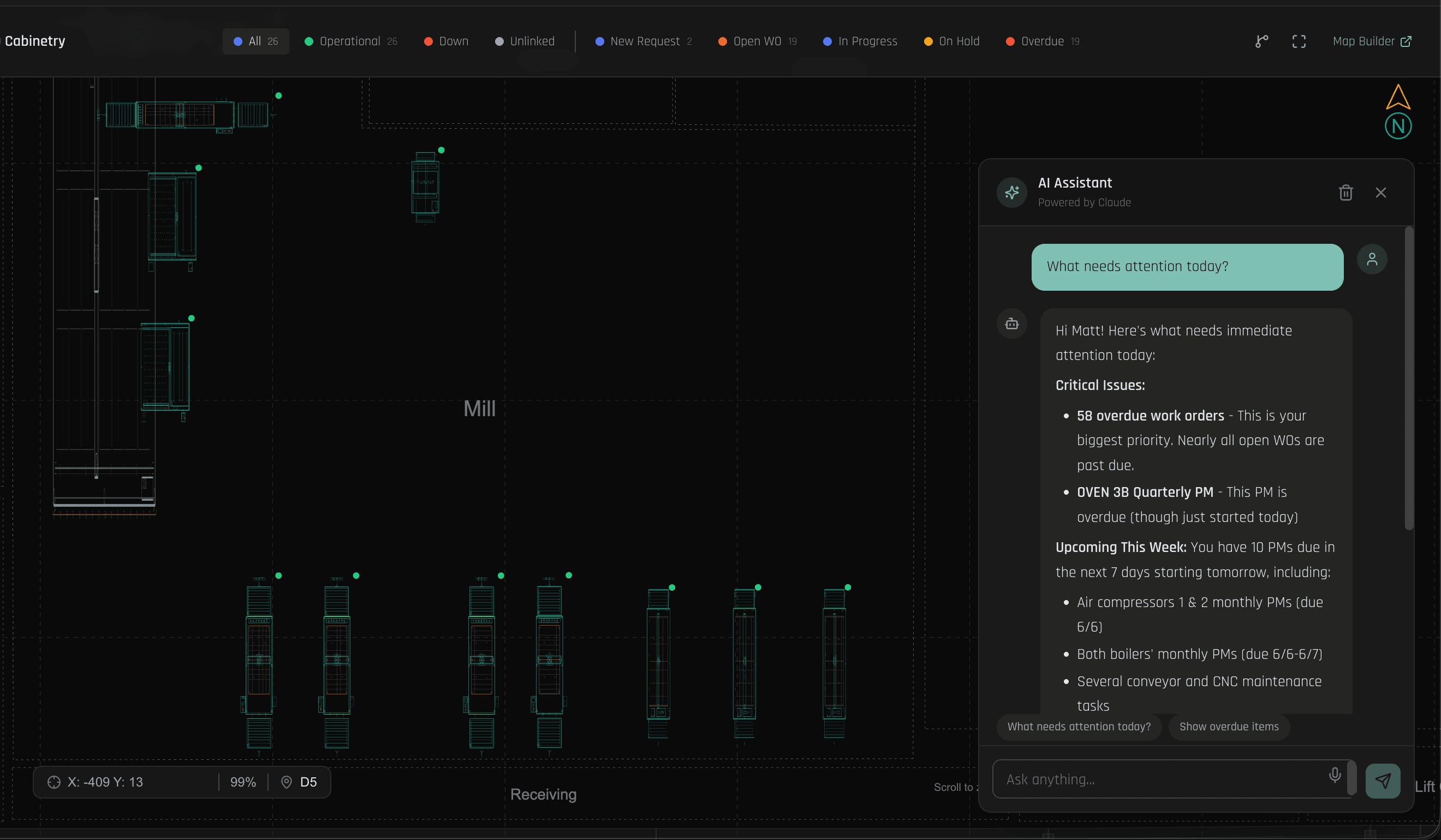 assetZ AI assistant answering a maintenance question grounded in real facility data, shown over the floor plan